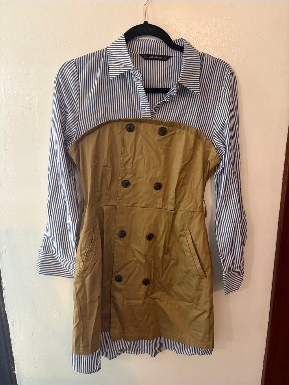 Zara Basic Blue & White Striped Deconstructed Trench Shirt Dress Size Small